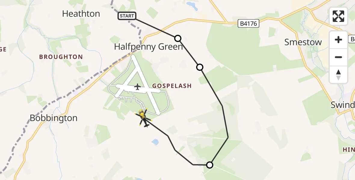 Flight path map showing Police Helicopter route from Bobbington to Bobbington
