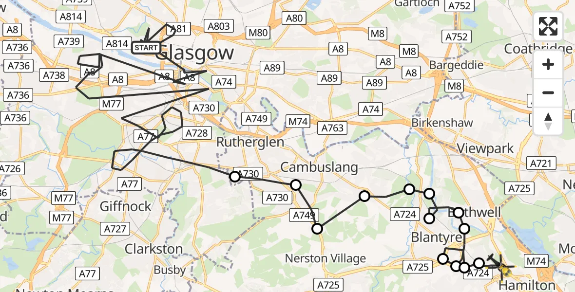 Flight path map showing Police Helicopter route from Glasgow to Bothwell
