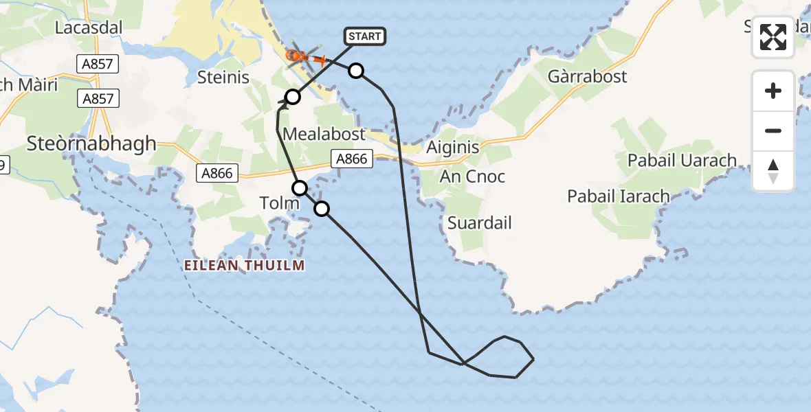 Flight path map showing Coastguard Helicopter route from Mealabost to Mealabost