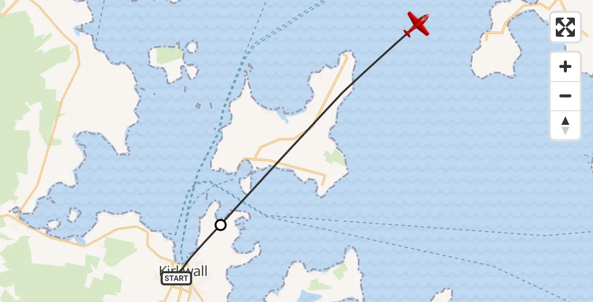 Flight path map showing Air Ambulance Aircraft route from Kirkwall to North Atlantic Ocean