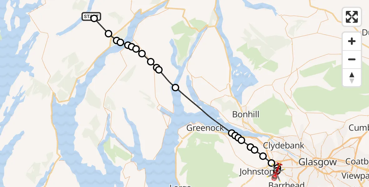 Flight path map showing Air Ambulance Helicopter route from Dalavich to Royal Alexandria Hospital Paisley