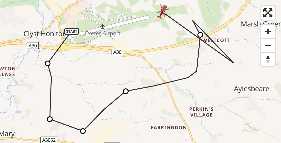 Flight path map showing Air Ambulance Helicopter route from Exeter International Airport to Rockbeare