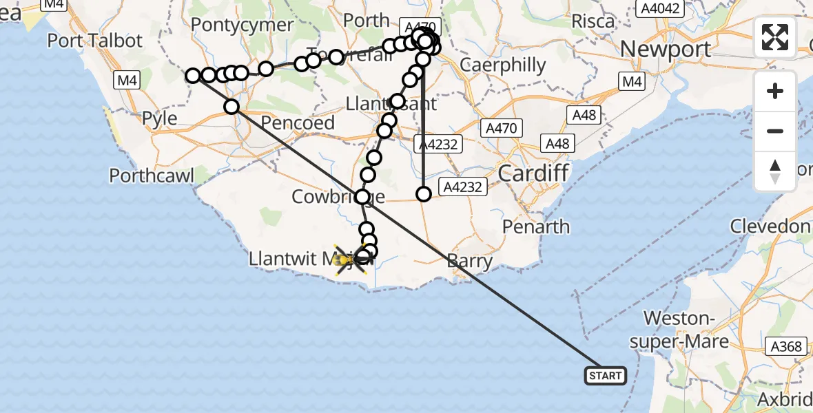 Flight path map showing Police Helicopter route from Bristol Channel to MOD St Athan