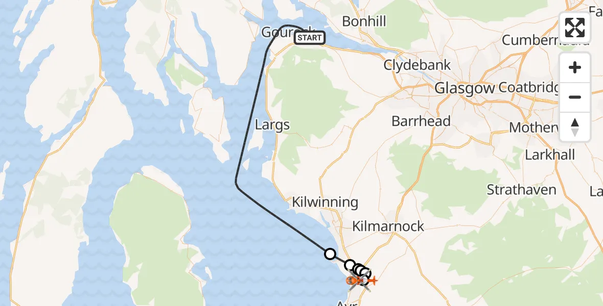 Flight path map showing Coastguard Helicopter route from Inner Seas to Glasgow Prestwick Airport