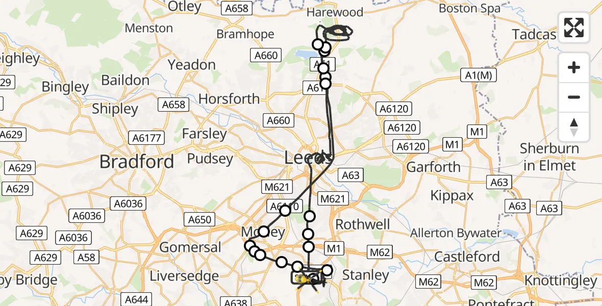 Flight path map showing Police Helicopter route from East Ardsley to East Ardsley