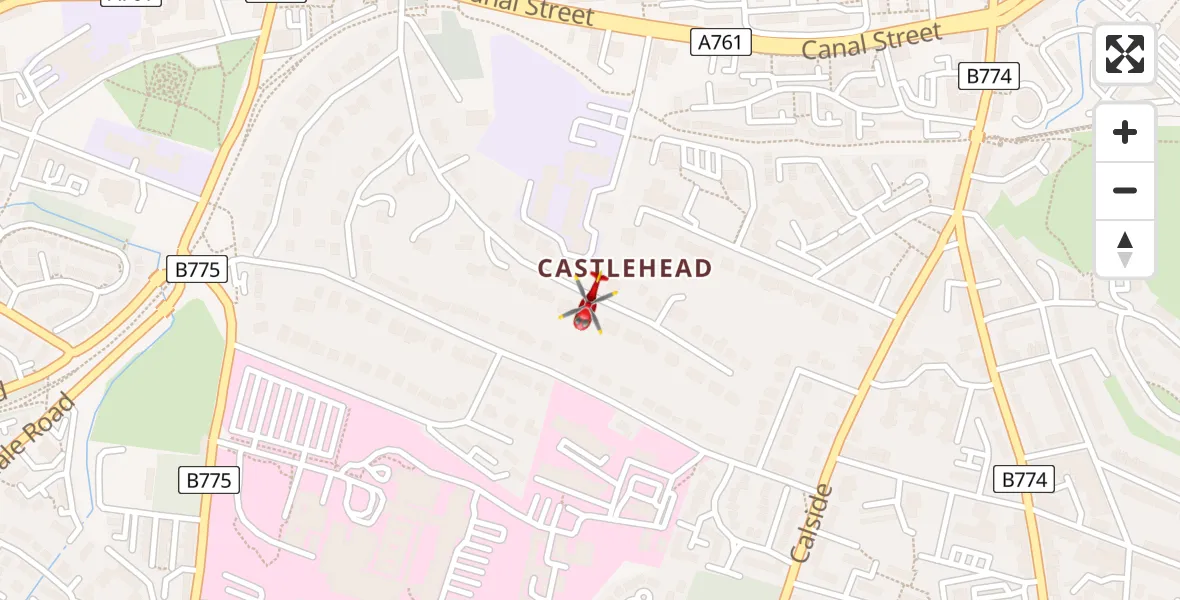 Flight path map showing Air Ambulance Helicopter route from Royal Alexandria Hospital Paisley to Royal Alexandria Hospital Paisley