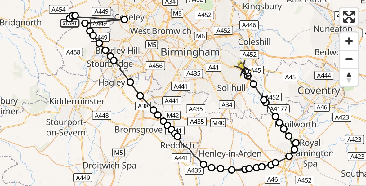 Flight path map showing Police Helicopter route from Heathton to Birmingham Airport