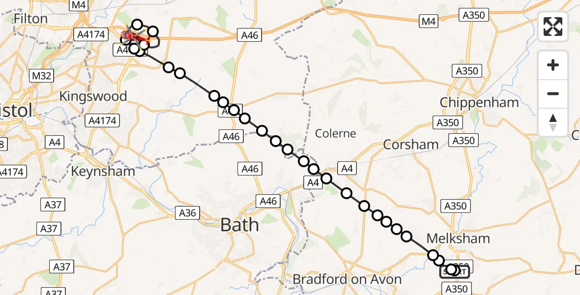 Flight path map showing Air Ambulance Helicopter route from Wiltshire Air Ambulance to Lily Road