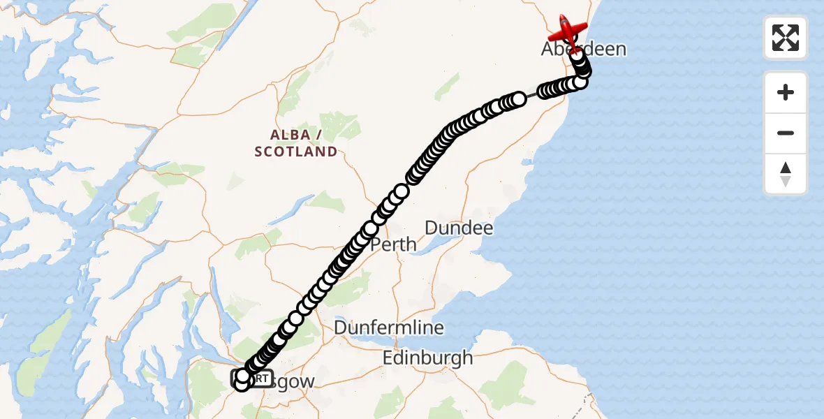Flight path map showing Air Ambulance Aircraft route from Glasgow Airport to Aberdeen International Airport