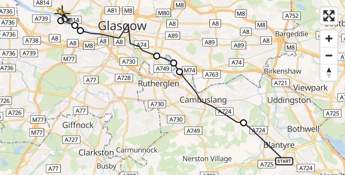 Flight path map showing Police Helicopter route from Blantyre to Glasgow