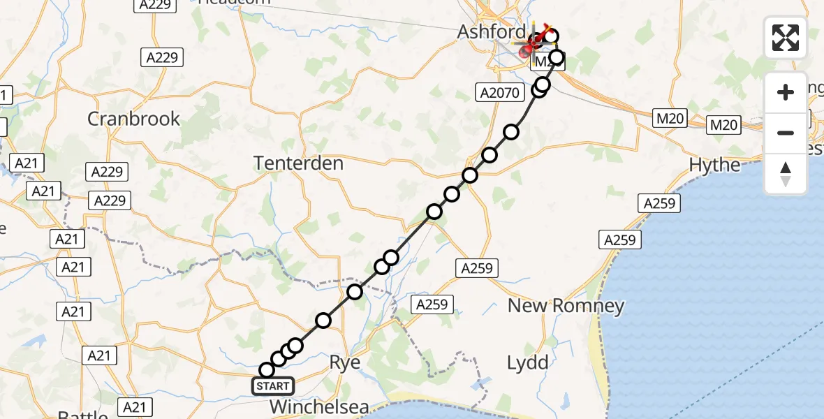 Flight path map showing Air Ambulance Helicopter route from Udimore to Hinxhill