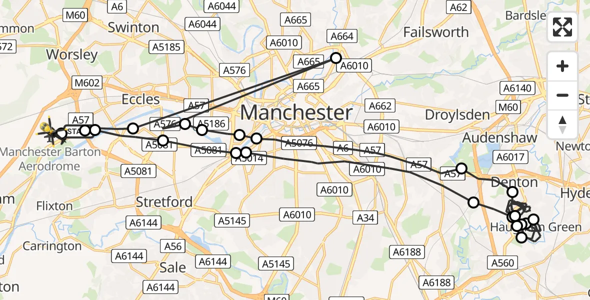 Flight path map showing Police Helicopter route from Eccles to Manchester Barton Aerodrome