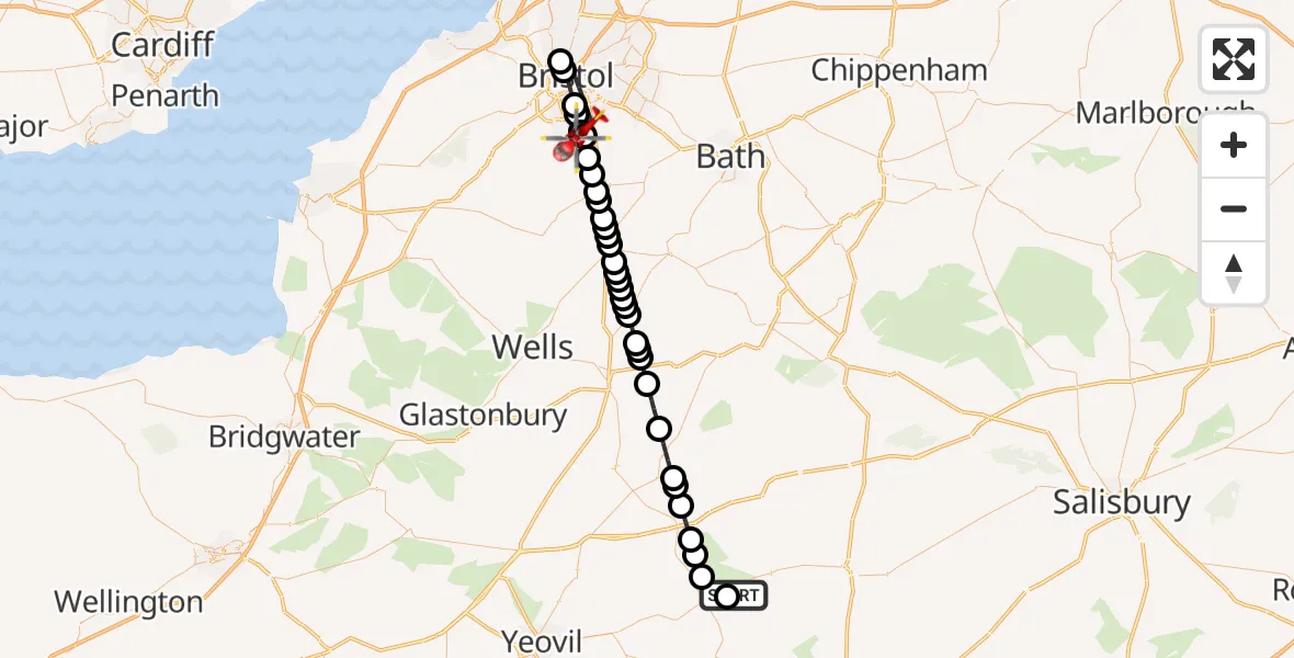Flight path map showing Air Ambulance Helicopter route from Henstridge Airfield to Norton Malreward