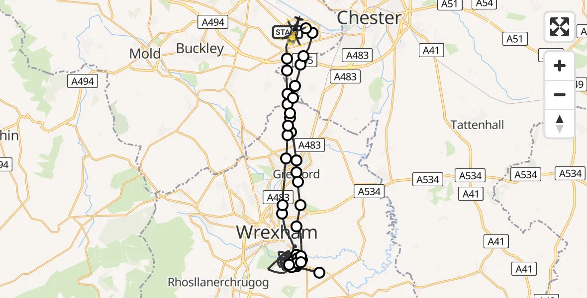 Flight path map showing Police Helicopter route from Hawarden Airport to Hawarden Airport