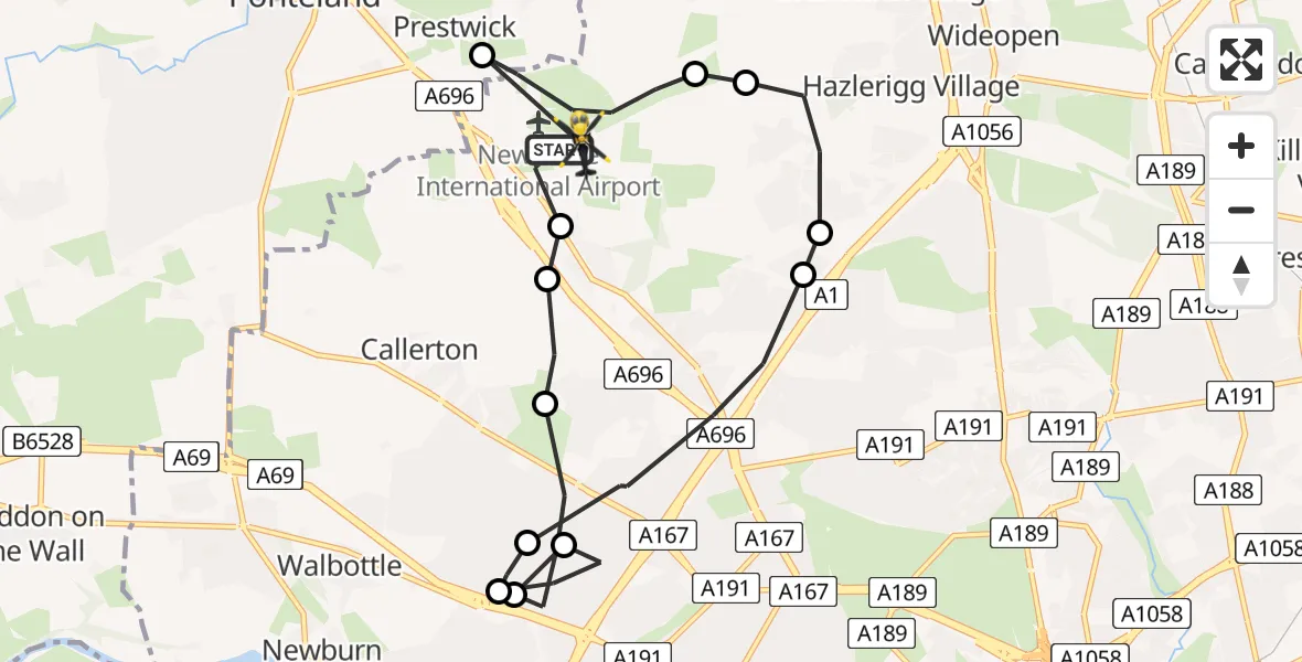 Flight path map showing Police Helicopter route from Newcastle International Airport to Newcastle International Airport
