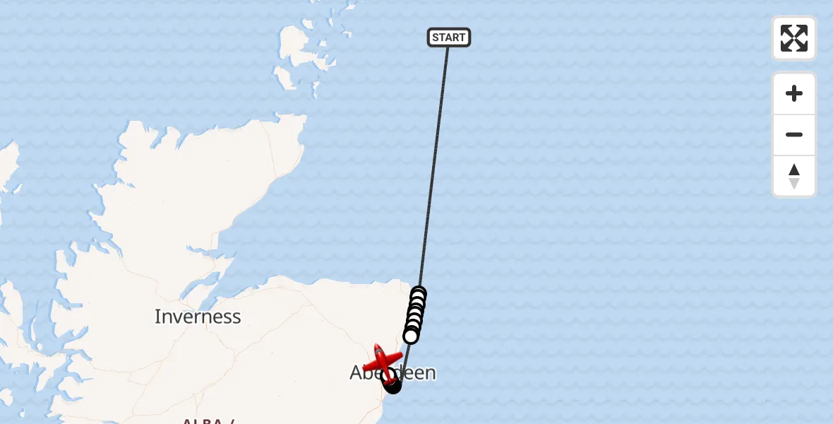Flight path map showing Air Ambulance Aircraft route from North Sea to Aberdeen International Airport