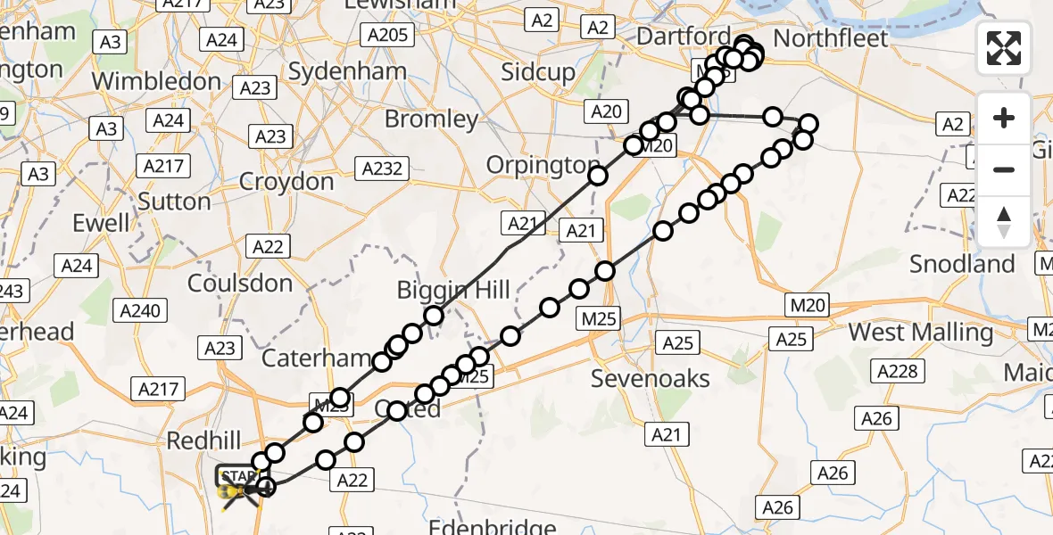 Flight path map showing Police Helicopter route from South Nutfield to Redhill Aerodrome