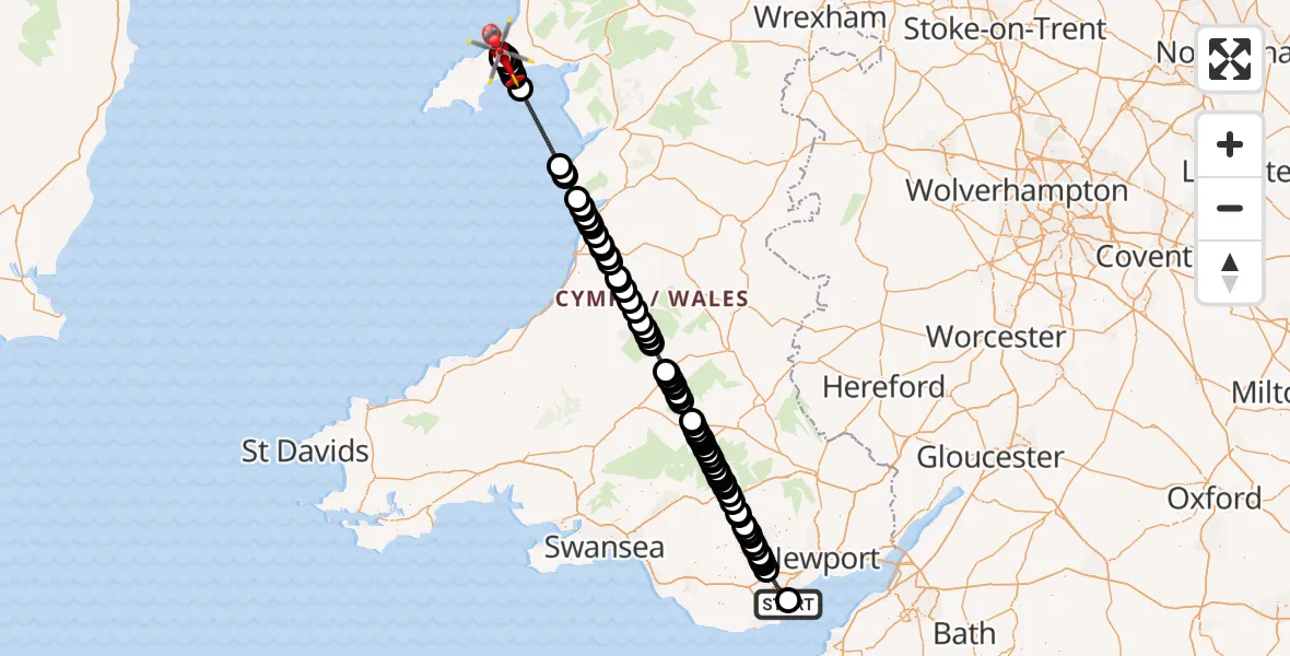 Flight path map showing Air Ambulance Helicopter route from Cardiff Heliport to Gwynedd
