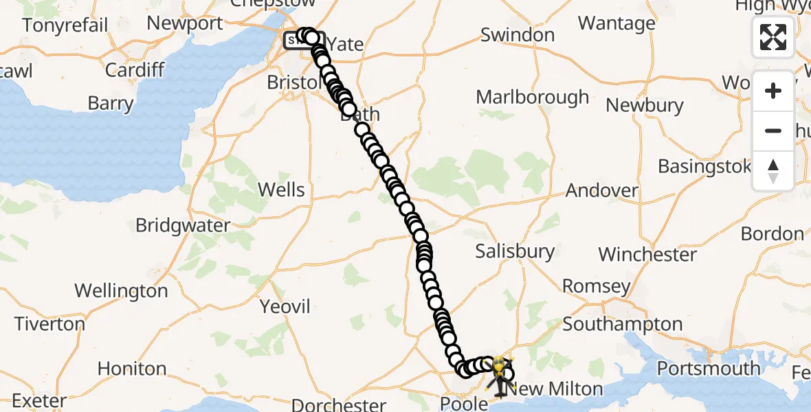 Flight path map showing Police Helicopter route from Almondsbury Helicopter Base to Bournemouth Airport