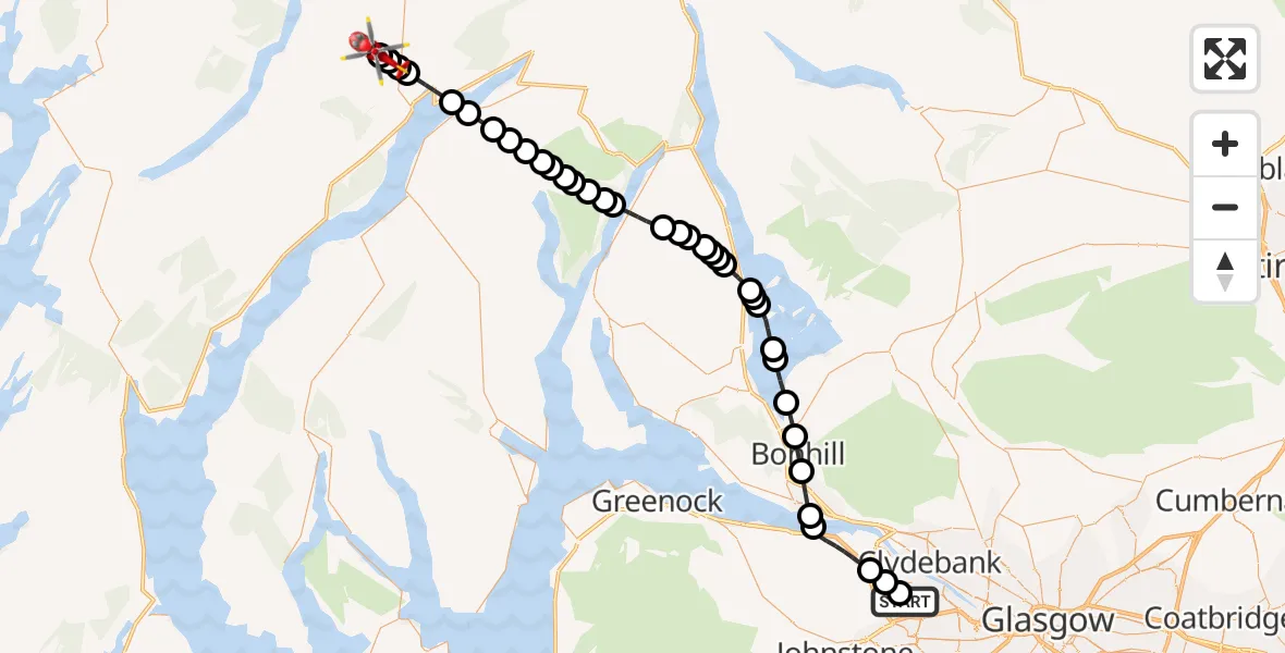 Flight path map showing Air Ambulance Helicopter route from Glasgow Airport to Sallachry