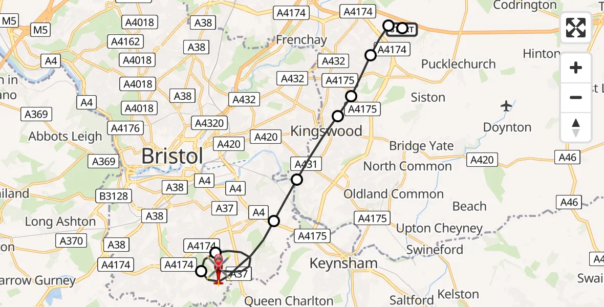 Flight path map showing Air Ambulance Helicopter route from South Gloucestershire to Bristol