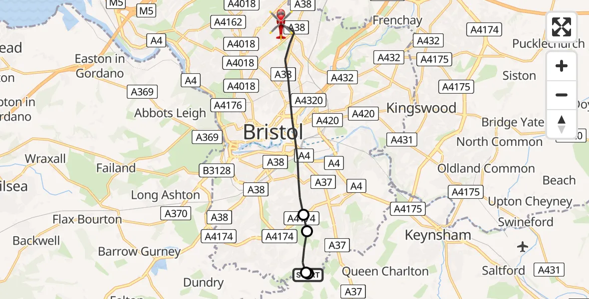 Flight path map showing Air Ambulance Helicopter route from Bristol to Bristol