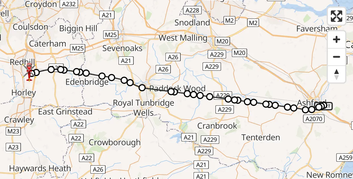 Flight path map showing Air Ambulance Helicopter route from Sevington to Redhill Aerodrome