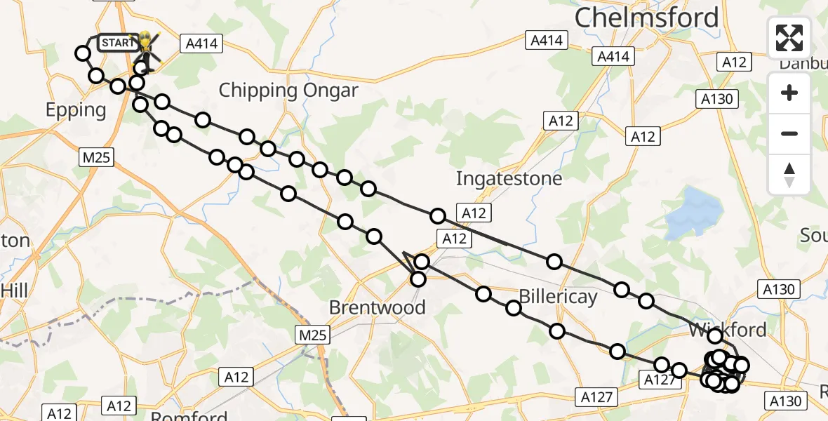 Flight path map showing Police Helicopter route from North Weald Bassett to North Weald Airfield
