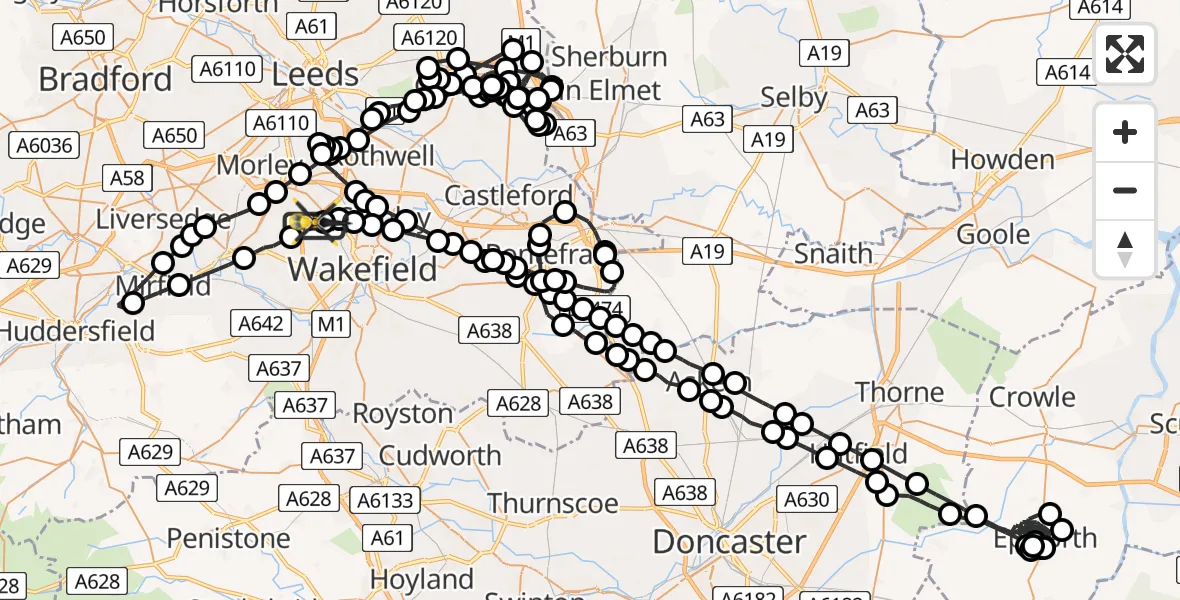 Flight path map showing Police Helicopter route from East Ardsley to East Ardsley