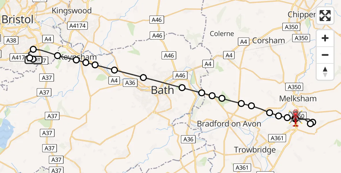 Flight path map showing Air Ambulance Helicopter route from Bristol to Wiltshire Air Ambulance