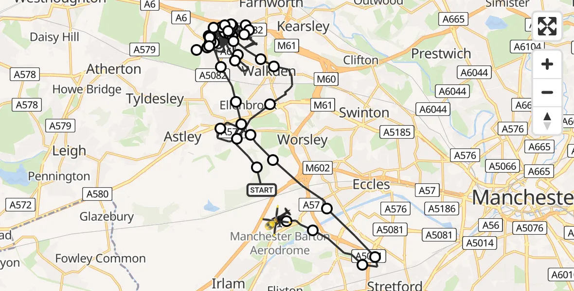 Flight path map showing Police Helicopter route from Irlam to Manchester Barton Aerodrome