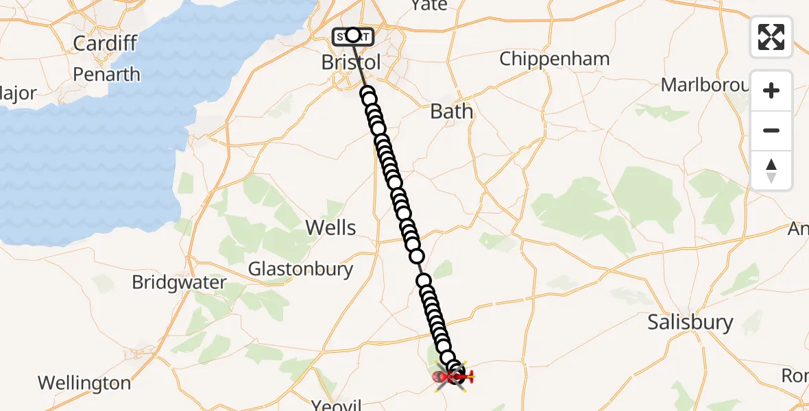 Flight path map showing Air Ambulance Helicopter route from Southmead Hospital to Stalbridge