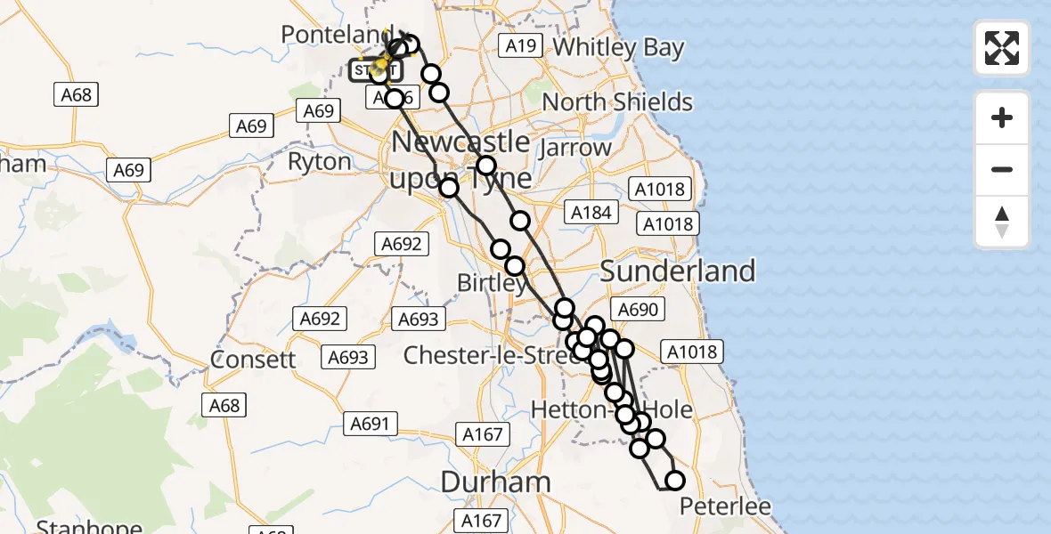 Flight path map showing Police Helicopter route from Newcastle International Airport to Newcastle International Airport
