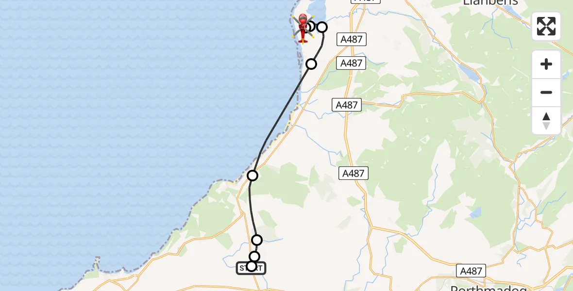 Flight path map showing Air Ambulance Helicopter route from A499 to Caernarfon Airport