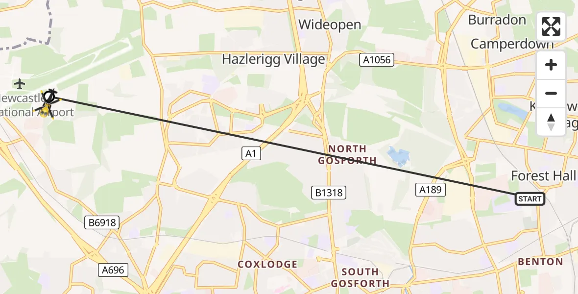 Flight path map showing Police Helicopter route from Forest Hall to Newcastle International Airport