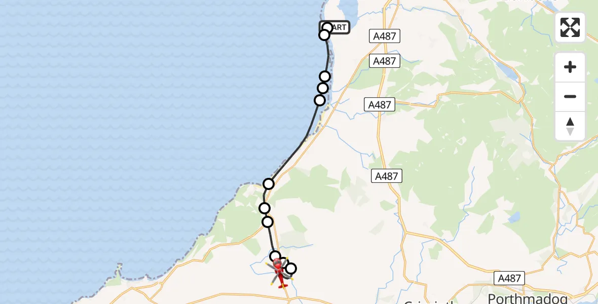 Routekaart van de vlucht: Air Ambulance Helicopter to Gwynedd, A499