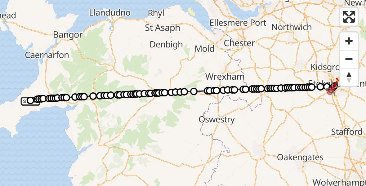 Routekaart van de vlucht: Air Ambulance Helicopter to University Hospital North Staffs