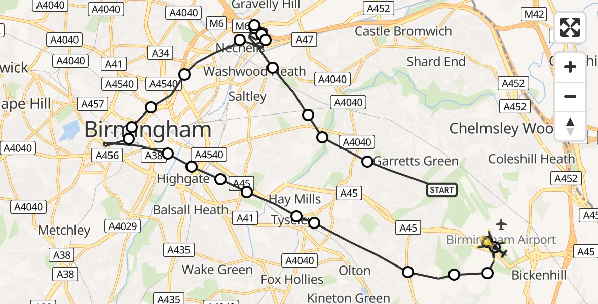 Flight path map showing Police Helicopter route from Garretts Green to Birmingham Airport