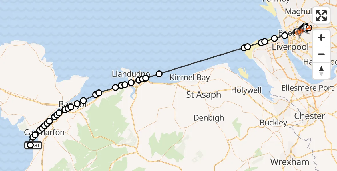 Flight path map showing Coastguard Helicopter route from Caernarfon Airport to Liverpool