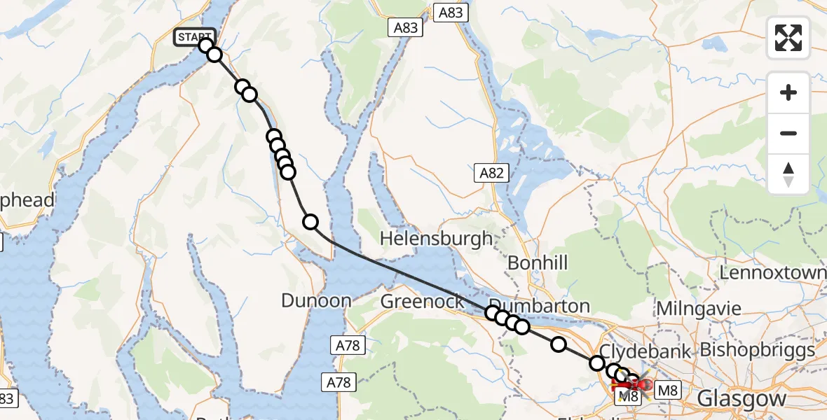 Flight path map showing Air Ambulance Helicopter route from Kenmore to Glasgow Airport