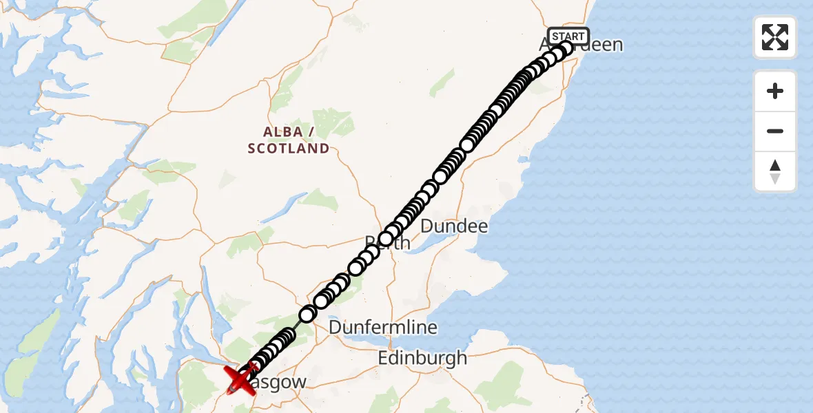 Flight path map showing Air Ambulance Aircraft route from Aberdeen City to Glasgow Airport