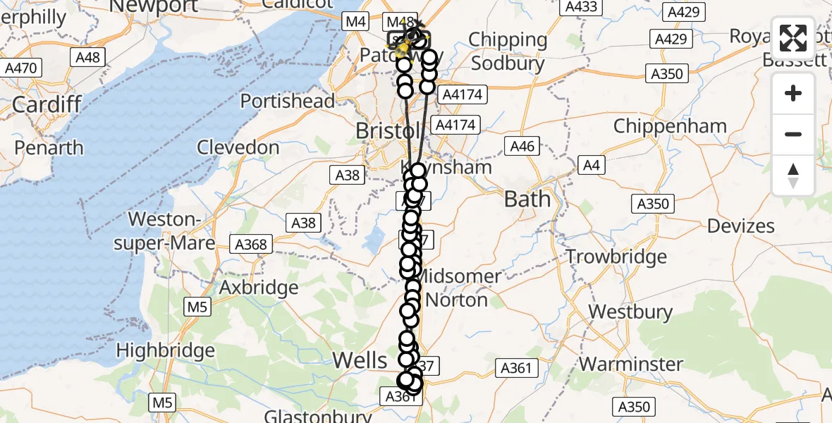 Flight path map showing Police Helicopter route from Almondsbury Helicopter Base to Almondsbury Helicopter Base