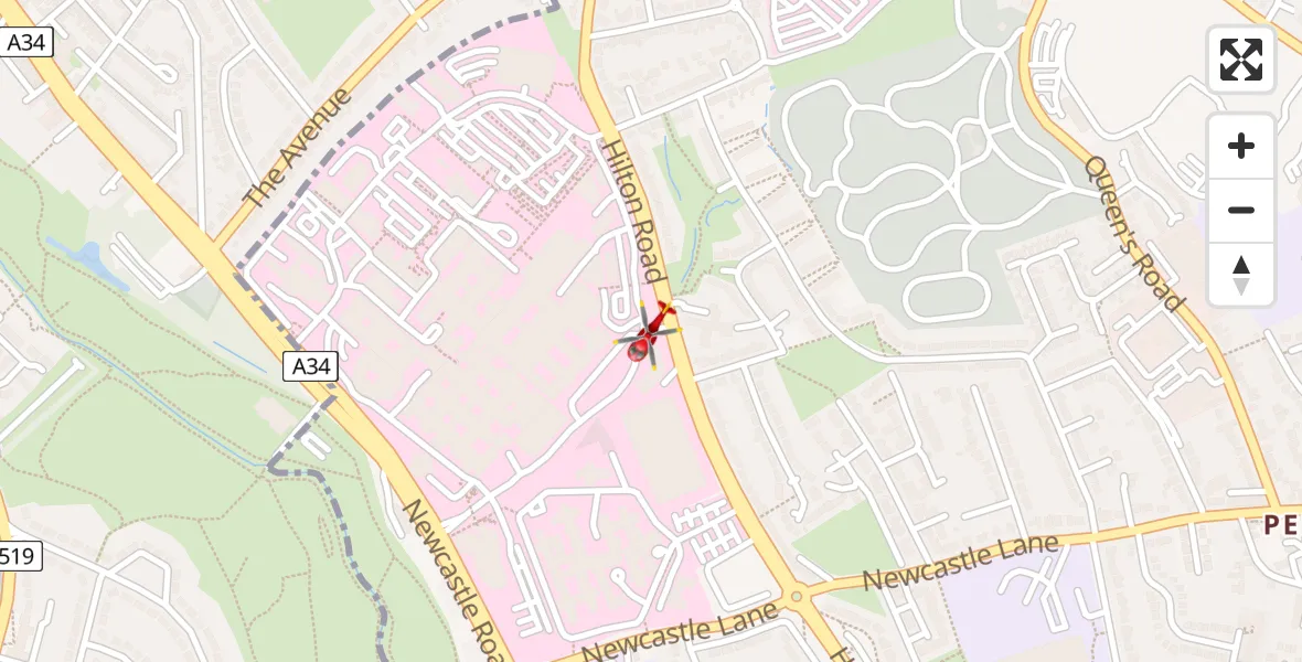 Flight path map showing Air Ambulance Helicopter route from University Hospital North Staffs to University Hospital North Staffs