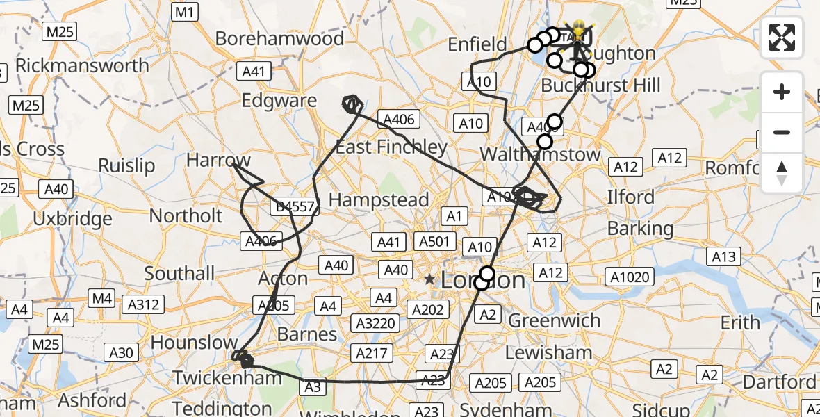 Flight path map showing Police Helicopter route from Metropolitan Police Air Support Unit Lippitts Hill to Metropolitan Police Air Support Unit Lippitts Hill