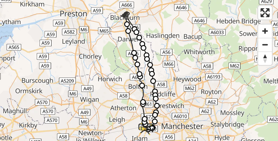 Flight path map showing Police Helicopter route from Irlam to Manchester Barton Aerodrome