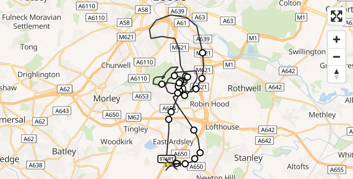 Flight path map showing Police Helicopter route from East Ardsley to East Ardsley