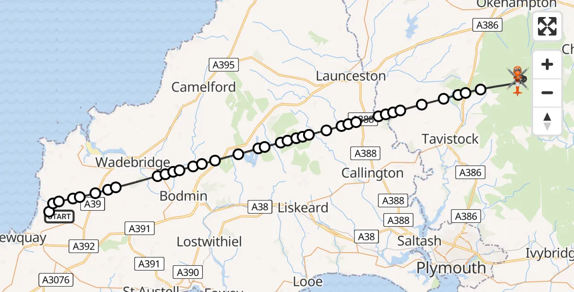 Flight path map showing Coastguard Helicopter route from Cornwall Airport Newquay to West Devon