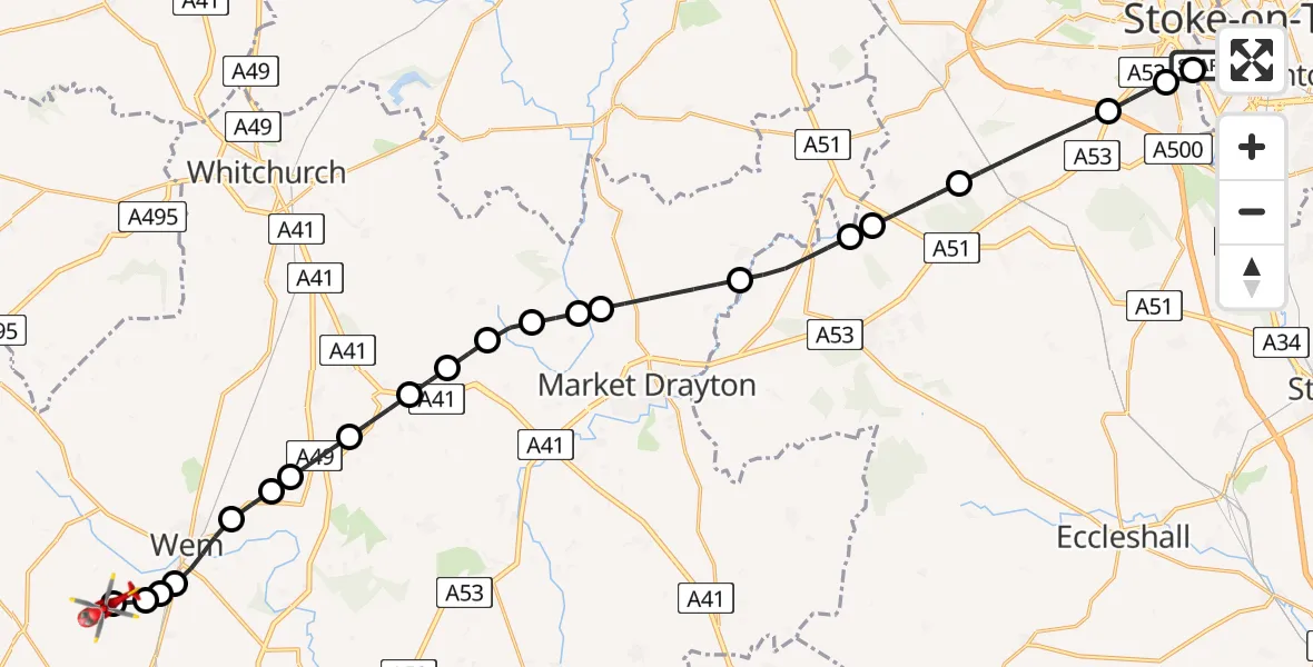Flight path map showing Air Ambulance Helicopter route from University Hospital North Staffs to Sleap Airfield