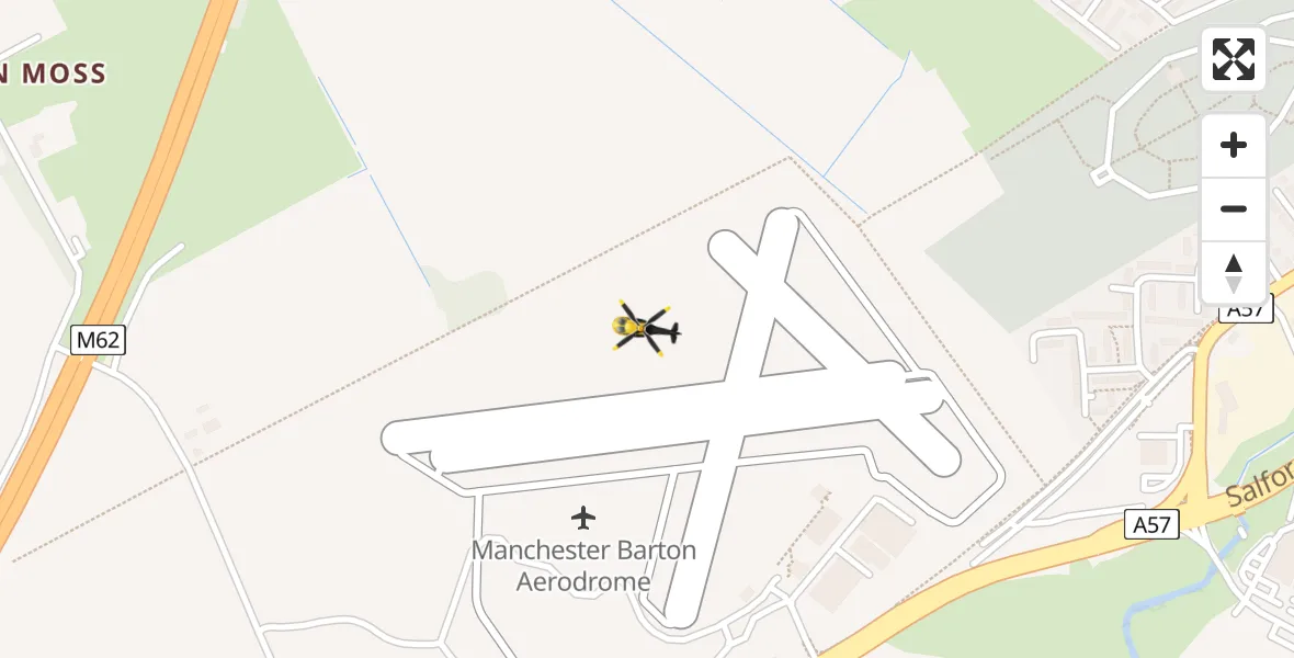 Flight path map showing Police Helicopter route from Manchester Barton Aerodrome to Manchester Barton Aerodrome