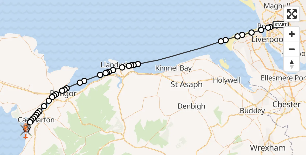 Flight path map showing Coastguard Helicopter route from Liverpool to Caernarfon Airport